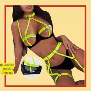 NEW - 4pcs neon strappy blacklight glowing - adjustable choker and garter Set